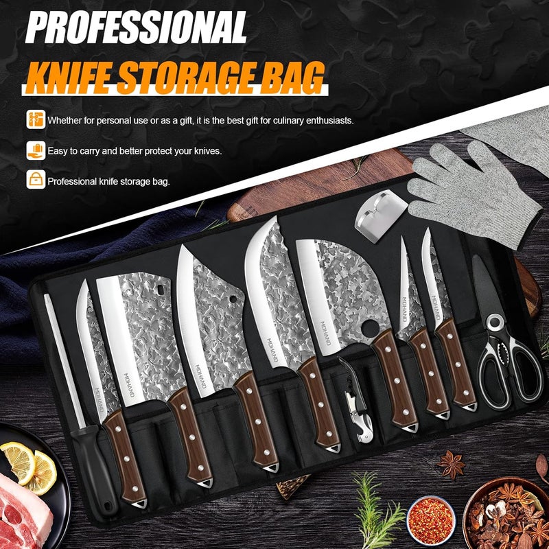 MDHAND 14PCS Professional Butcher Knife Set with Roll Bag, Heavy Duty Meat Cleaver, Boning Knife, Viking Knives, Hand Forged Chef Knife Set, Meat Cutting Knife for Kitchen, Gift for Men, BBQ, Camping - Image 2